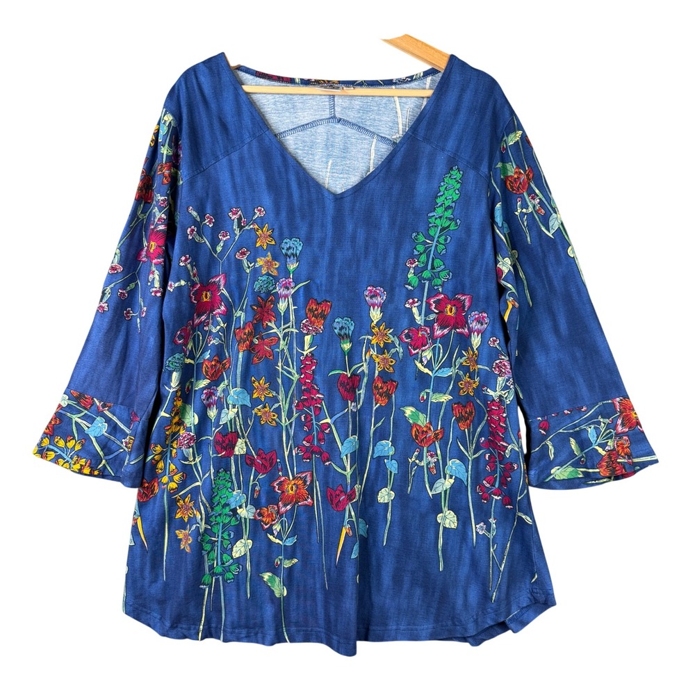 Parsley & Sage Blue Floral Wildflower V-Neck 3/4 Sleeve Cotton Tunic Top XL